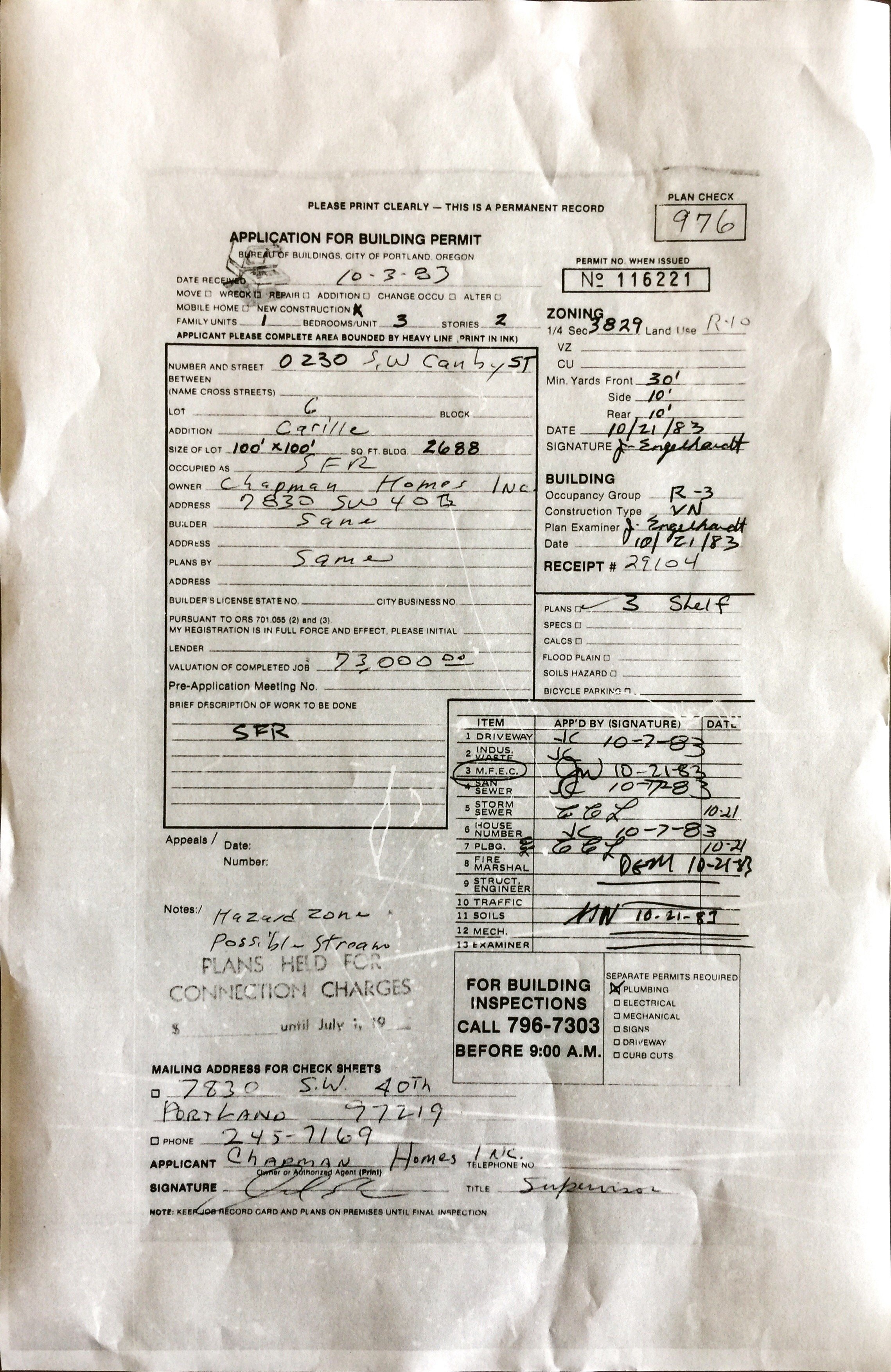 Original Building Permit, 1983