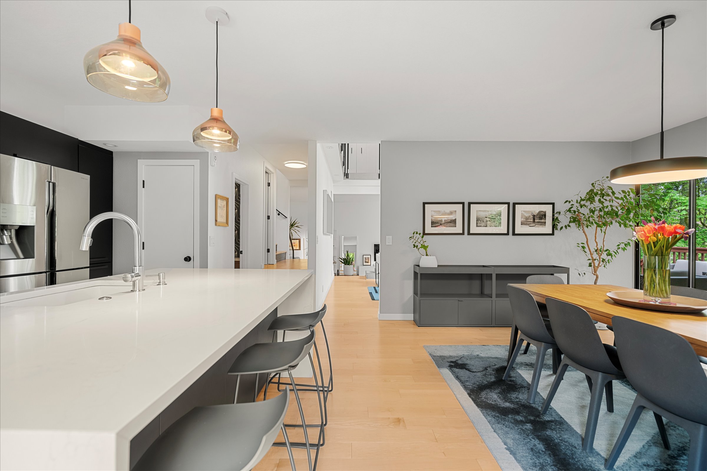 The kitchen dining table and fireplace